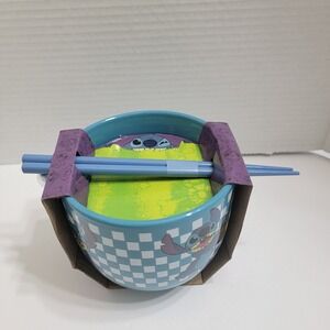 Stitch Noddle Bowl Blue Checkered With Spoon And‎ Chopsticks All Ceramic Pieces